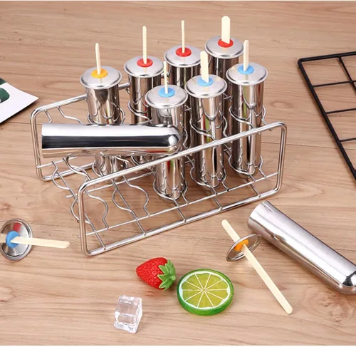 Miniatura 7 de 10 moldes de acero inoxidable para paletas y moldes para paletas de helado con 10 máquinas redondas de paletas de hielo + 100 palos de bambú Plata
