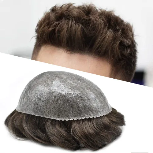 Miniatura 53 de Toupee para hombres, sistema de reemplazo de cabello humano Remy, nudos blanqueados, encaje frontal, piel fina, para hombre, color gris, pelucas