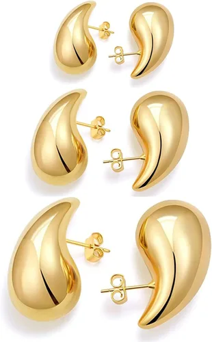 LINONKEY Juego de 3 pares de aretes de oro con forma de lágrima para mujer, grandes, medianos, pequeños, gruesos, hipoalergénicos, chapados en oro