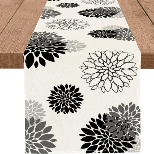 Camino de mesa negro y gris con flores de dalia pinnata, beige, moderno, elegante, pompones, geométrico, decoración central para el hogar, cocina,