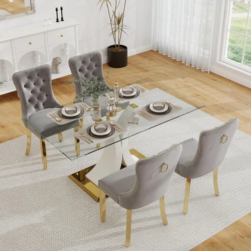 Miniatura 14 de Moderno juego de comedor de cristal de lujo para 6, 63 pulgadas, juego de vajilla rectangular minimalista grande para 6, juego de mesa de cocina