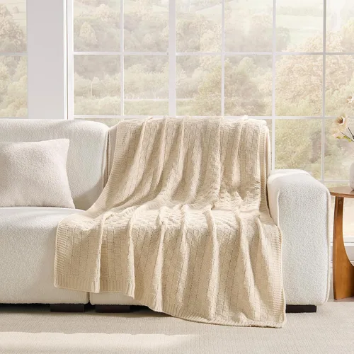 Miniatura 2 de Manta de punto beige para sofá, manta de punto de tablero de ajedrez beige para cama, manta de punto reversible suave y acogedora, 50 x 60 pulgadas