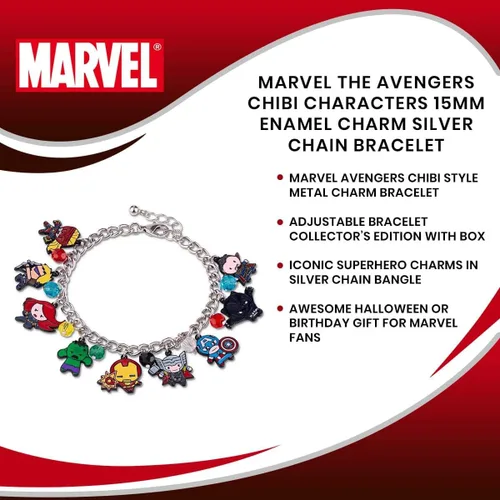 Miniatura 6 de The Avengers Chibi Form Characters - Pulsera esmaltada de 0.591 in Pulsera de cadena con acabado de plata pulida con cuentas