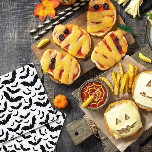 Miniatura 6 de AnyDesign Paquete de 80 servilletas de papel de Halloween de 6.5 x 6.5 pulgadas, servilletas de papel desechables de murciélago negro, servilletas