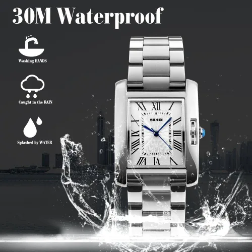 Miniatura 4 de Mujer reloj rectángulo vidrio oro rosa impermeable de acero inoxidable cuarzo analógico números romanos reloj