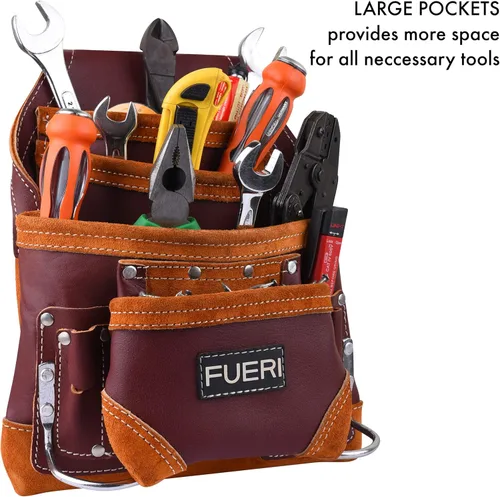 Miniatura 5 de FUERI Bolsa profesional de 10 bolsillos para herramientas de carpintero Cuero de grano premium resistente, soporte de marco ajustable de refuerzo