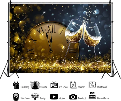 Miniatura 6 de Telón de fondo de 5 x 3 pies para fiesta de feliz año nuevo, copas de vino de champán brillante, Bokeh Halos, telón de fondo de vinilo