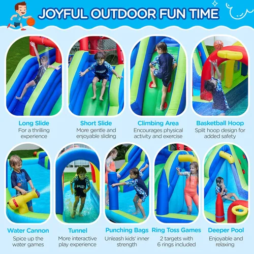 Miniatura 4 de Yaheetech Tobogán acuático inflable, tobogán acuático de doble carril con túnel largo y pared de escalada y sacos de boxeo y juego de lanzamiento