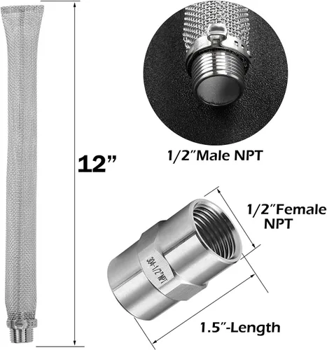 Miniatura 3 de Pantalla de ebullición de pantalla Bazooka de 12 pulgadas (1/2 pulgada NPT) con accesorio de tubería (1/2 x 1/2 pulgada NPT hembra), tubo de filtro