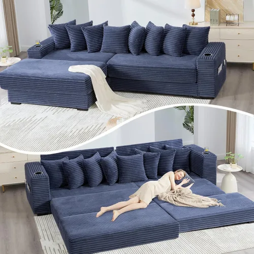 Miniatura 17 de Sofá modular moderno de 111 pulgadas, sofá de pana en forma de L con diván izquierdo, salón extra ancho, 8 almohadas, juego de sofá esquinero