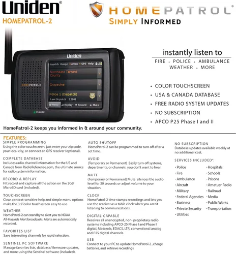 Miniatura 3 de Uniden HomePatrol-2 Escáner Digital de Pantalla Táctil a Color con Programación Simple, TrunkTracker V y S, A, M, E, Alerta de Emergencia/Clima