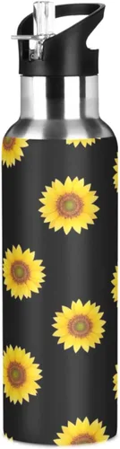 Stainless Steel Vacuum Insulated Water Bottle 32 Oz, BPA-Free Sports Water Bottle for Gym Outdoor Travel School, Yellow Sunflowers Black