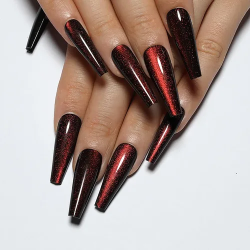 Miniatura 15 de Uñas postizas a presión largas, con brillo azul y diseño, acabado acrílico brillante, de cobertura completa, uñas postizas reutilizables para l002