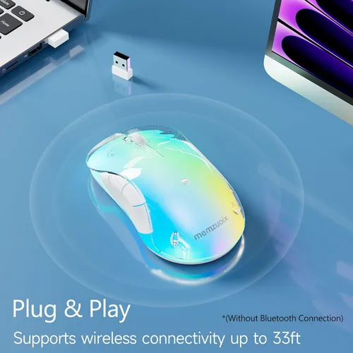 Miniatura 5 de memzuoix Mouse inalámbrico de 2.4G con cubierta personalizable y LED de 9 colores, ergonómico recargable, 1400 DPI, 5 botones, receptor USB para Azul
