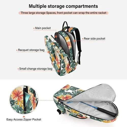 Miniatura 5 de Unisex Tennis Bag Lightweight Tropical Style Green Leaves Red Flower Zipper Tennis Bag Gym Bag for Women, Men, Teenagers raquetas de tenis