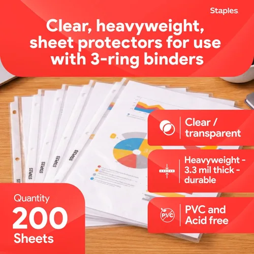 Miniatura 2 de Staples Protectores de hojas pesados, 8.5 x 11 pulgadas, protectores transparentes de 3 agujeros perforados, caja fuerte para archivos, paquete