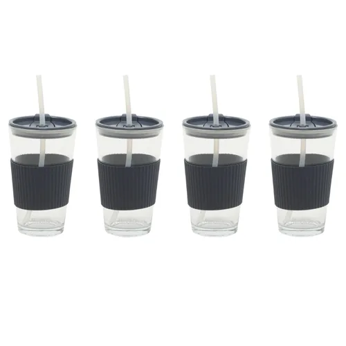 Miniatura 7 de Mr. Coffee Sip Savvy - Paquete de 4 vasos de vidrio marrón latte de 15 onzas con tapas y pajillas, reutilizables para café helado, aptos para Latte