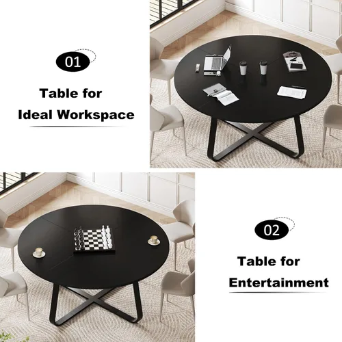 Miniatura 4 de LVB Mesa de comedor redonda negra de 42 pulgadas para 4 a 6, mesas de comedor circulares, mesas de cocina modernas de metal de madera, mesa