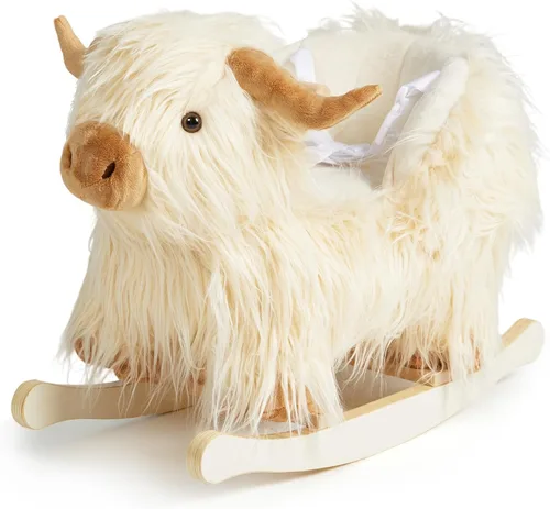Miniatura 10 de Caballo mecedora bebé, caballo de madera de ganado Highlander para niños de 1 año lindo vaca de peluche suave cabalgadura juguete mecedora animal