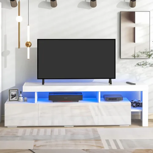 Miniatura 27 de Soporte de TV versátil de alto brillo con luces LED que cambian de color y 2 estantes de vidrio templado, centro de entretenimiento para televisores
