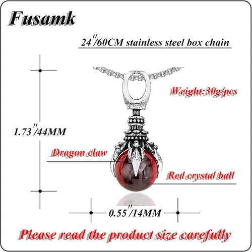 Miniatura 2 de Fusamk Punk Rock - Collar con colgante de bola de cristal de titanio con forma de dragón cadena de eslabones de 24 pulgadas