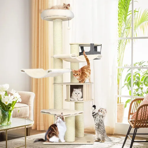 Miniatura 2 de Tangkula Árbol grande para gatos, torre alta de varios niveles para gatos con postes rascadores de sisal, hamacas, cesta colgante, condominio