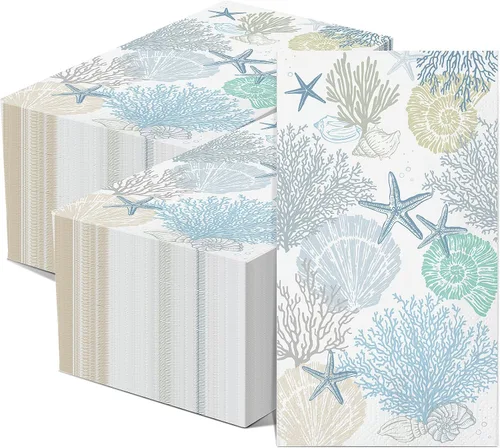 Miniatura 10 de Funrous 200 servilletas de papel costeras de 3 capas de servilletas de playa oceánica, conchas marinas, coral, toallas de papel náuticas