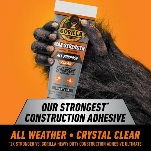 Miniatura 2 de Gorilla Max Strength Adhesivo de construcción, pegamento transparente, tubo de compresión de 7 onzas (paquete de 1) – Relleno de huecos e impermeable