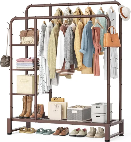 Miniatura 10 de Perchero de doble barra con estantes de almacenamiento de 4 niveles, perchero para colgar ropa, organizador multifuncional de ropa resistente