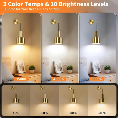 Miniatura 5 de VerRon Juego de dos apliques de pared recargables con batería, luces doradas inalámbricas con batería con bombillas desmontables y control remoto