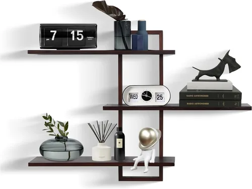 Miniatura 11 de PHOENANCEE Estantes de pared de 3 niveles, estante flotante decorativo para pared, estante de fotos de plantas, estantes de madera para sala de Negro