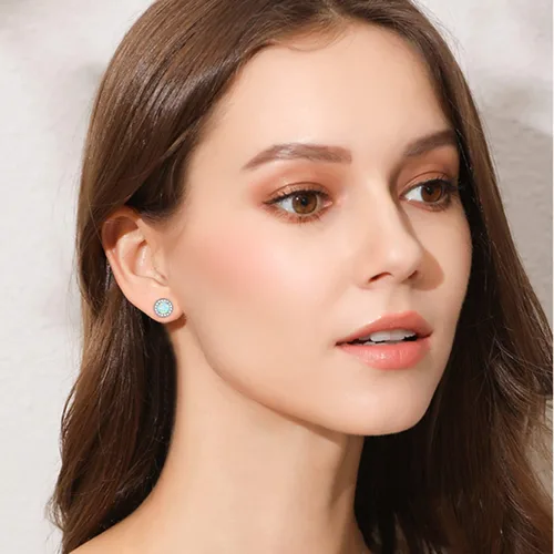 Miniatura 5 de Aretes de ópalo chapados en oro blanco para mujeres y niñas, aretes de ópalo con halo de circonita cúbica para mujer, Metal, Ópalo creativo