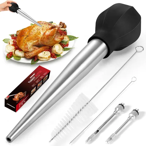 SCHVUBENR Baster grande para pavos con cepillo de limpieza y aguja, herramienta de acero inoxidable para cocinar, fácil de usar y limpiar, jeringa