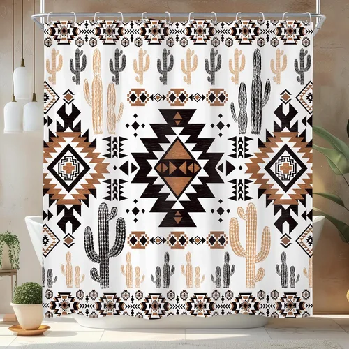 Miniatura 7 de Newsely Cortina de Ducha Pequeña para Caseta RV Occidental Azteca de Cactus 36Wx72H Pulgadas Campista Suroeste Boho Geométrica Étnica Cortina