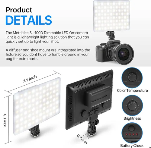 Miniatura 5 de Mettlelite SL100D - Luz de video LED bicolor en la cámara Iluminación de fotografía regulable continua Panel LED de estudio portátil 3200K-5600K
