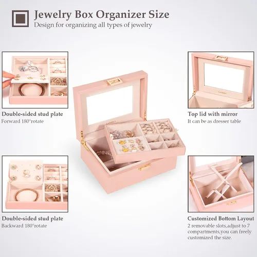 Miniatura 4 de LANDICI Organizador de joyas para mujeres y adolescentes, estuche grande de almacenamiento de joyas con espejo y bandeja extraíble de 2 capas