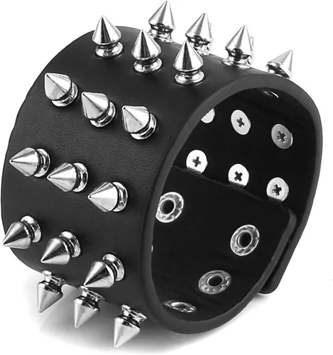 HZMAN Pulsera unisex de cuero con correa ancha y tachuelas de metal negro punk rock y motociclista