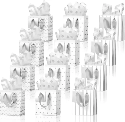 Tenare 12 bolsas de regalo pequeñas, mini bolsa de papel metálica a granel con asa de papel de seda para envoltura de regalo, día del padre, Blanco