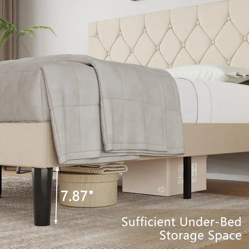 Miniatura 6 de VECELO Base de cama tamaño completo con cabecera capitoné con botones, plataforma tapizada con soporte de listones de madera, no necesita somier