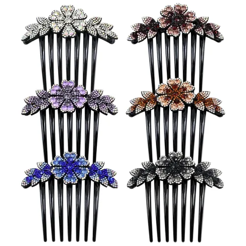 inSowni Paquete de 6 peines laterales de plástico negro con purpurina brillante para el cabello, con diseño de hojas y flores, horquillas con