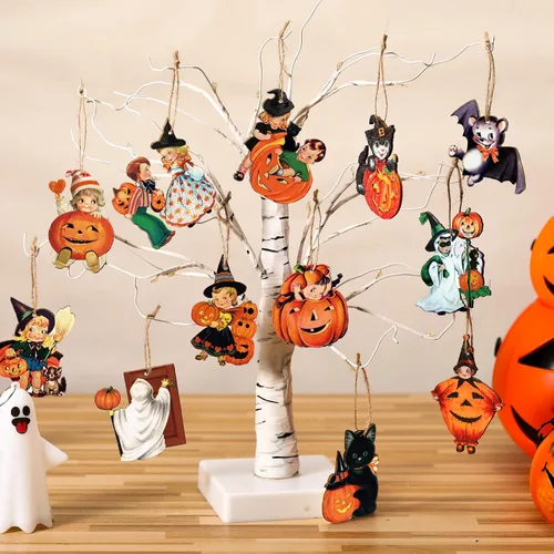 Miniatura 5 de Geelin 24 piezas de adornos góticos de Navidad para decoraciones de árbol Gato negro Calabaza Talla de madera Murciélago Colgante Pendientes