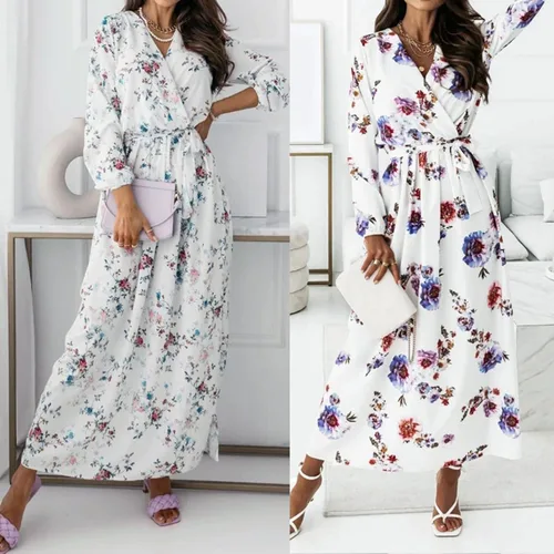 Miniatura 4 de Vestido de verano para mujer, para playa, con estampado floral, cuello en V, manga larga, vintage, con cinturón