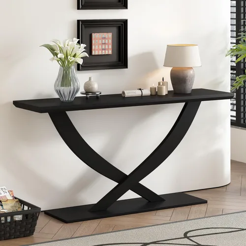 Miniatura 10 de Mesa consola de 57 pulgadas para entrada, moderna mesa de sofá, mesa de sofá rústica con diseño de patas cruzadas, mesa de chapa de acacia