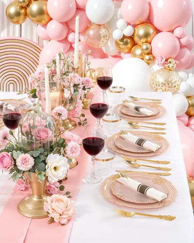 Miniatura 5 de Ciaell 350 platos de plástico rosa, platos desechables de color rosa y dorado, incluyen 50 platos desechables, 150 cubiertos resistentes, 50 tazas