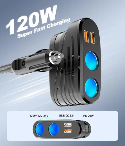 Miniatura 3 de Divisor de encendedor de cigarrillos 5 en 1, adaptador de encendedor de cigarrillos de 120 W con PD 20 W y QC 3.0 * 2 carga, cargador de coche de 12
