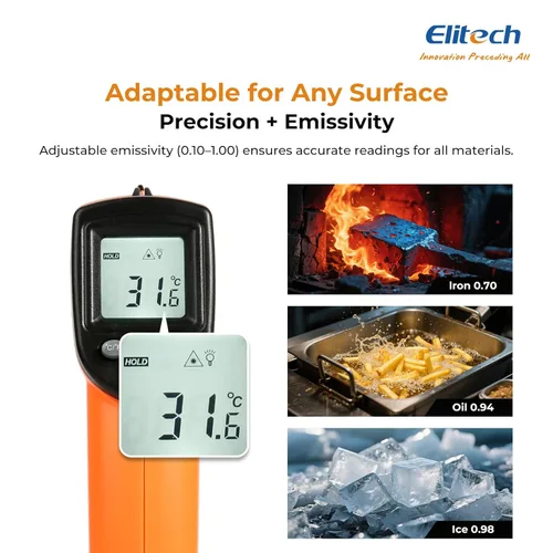 Miniatura 7 de Elitech Pistola de temperatura láser, termómetro infrarrojo digital sin contacto, emisividad ajustable, luz de fondo, de mano para parrilla, carne