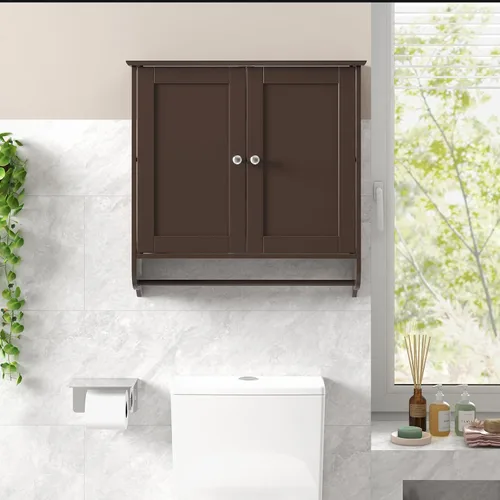 Miniatura 8 de Giantex Armario de baño montado en la pared, botiquín sobre el inodoro con puertas dobles, estante ajustable y barra de toallas, armario
