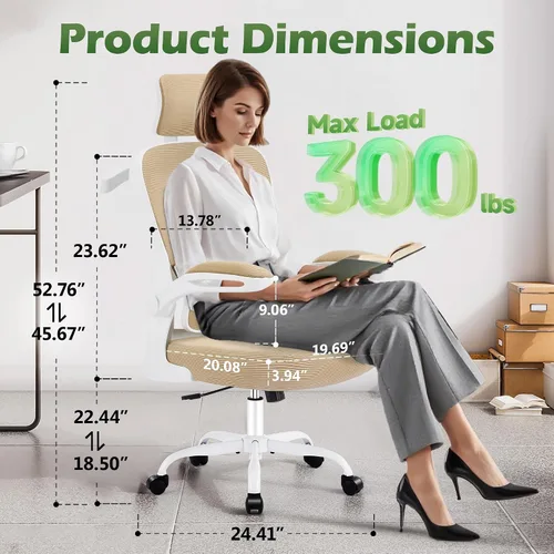 Miniatura 3 de AreShark Silla de Oficina Ergonómica con Soporte Lumbar Ajustable y Gancho para Reposacabezas, Silla de Malla Transpirable de Respaldo Alto con Caqui