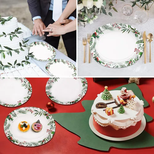 Miniatura 6 de 50 platos ovalados de Navidad, platos de papel resistentes de 12 x 10 pulgadas con hojas de acebo, bayas rojas para Navidad, vacaciones, boda
