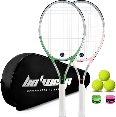 bo'weiqi Juego de raquetas de tenis recreativas de 27 pulgadas para 2 jugadores, raquetas de tenis ligeras preencordadas para principiantes, incluye